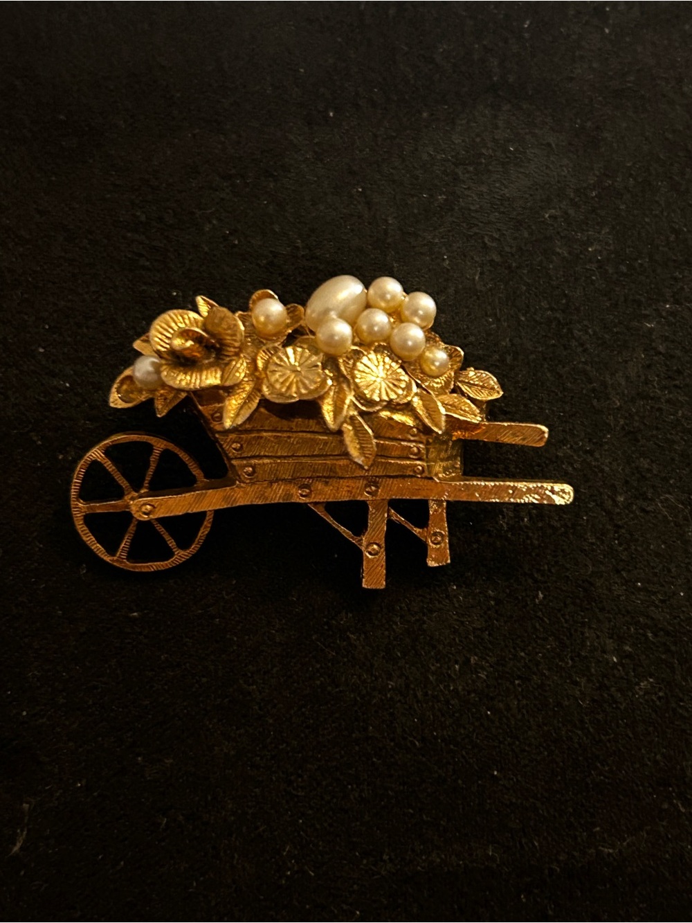 Vintage 1928 Gold and Pearl Floral Wheelbarrow Brooch